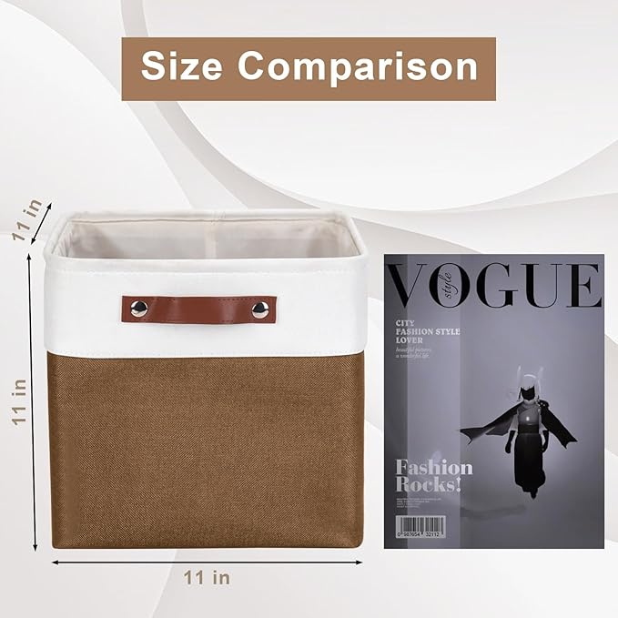 Collapsible Fabric Storage Cubes 11x11 Cube Storage Bins, 4 Pack Closet Baskets Box with Handles for Organizing, Shelf, Toys, Clothes, Home, Office, Nursery (Brown&White)