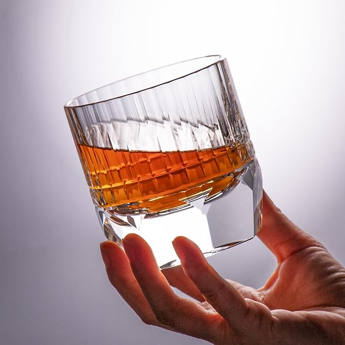 KAMMAK Crystal Whiskey Glasses Set of 2, 7.44oz Old Fashioned Glasses Stemless, Luxury Hand Blown White Cocktail Glasses, Handcrafted Cut Design Octagon Cup for Women, Men Gift for Bourbon
