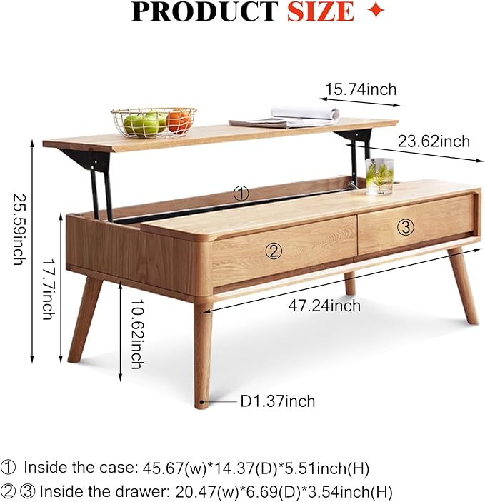 100% Solid Wood Lift Top Coffee Table for Living Room, Mid Century Modern Tables with Drawers and Large Storage, Oak Coffee Tables for Small Spaces (Oak Wood Log, 47.24" W x 23.62" D x 25.59" H)