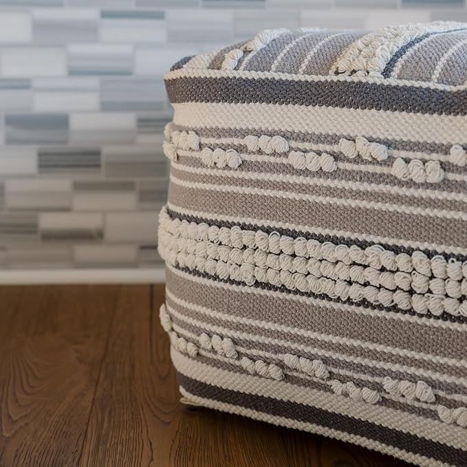 Pouf Ottoman, Square Hand Woven Loop and Striped Ottoman Pouf for Living Room or Bedroom, Floor Chair, Foot Rest or Decorative Home Decor