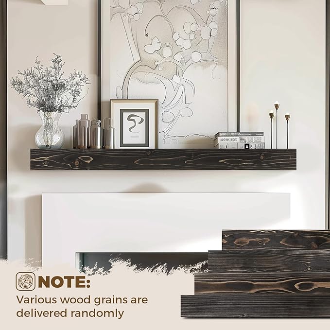 48x8x3 Fireplace Mantel - Handcrafted Hollow Rustic Solid Wood Wall Mounted Floating Shelf with Invisible Heavy Duty Wood Bracket (Weathered Black)