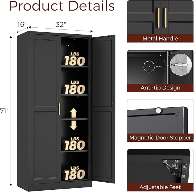 71" Tall Metal Pantry Cabinet, Black Kitchen Pantry Storage Cabinet with 4 Adjustable Shelves and Gold Handles, Cupboard for Kitchen, Dining Room, Living Room, Bathroom
