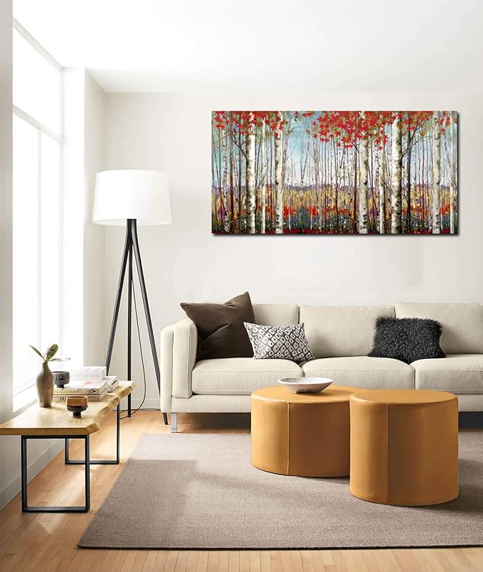 Canvas Wall Art for Living Room Bedroom Modern Wall Decor of Red Leaves White Birch Tree Forest Giclee Print Painting Artwork Wall Decoration 24x48 Large Size with Wood Framed Easy to Hang for Home