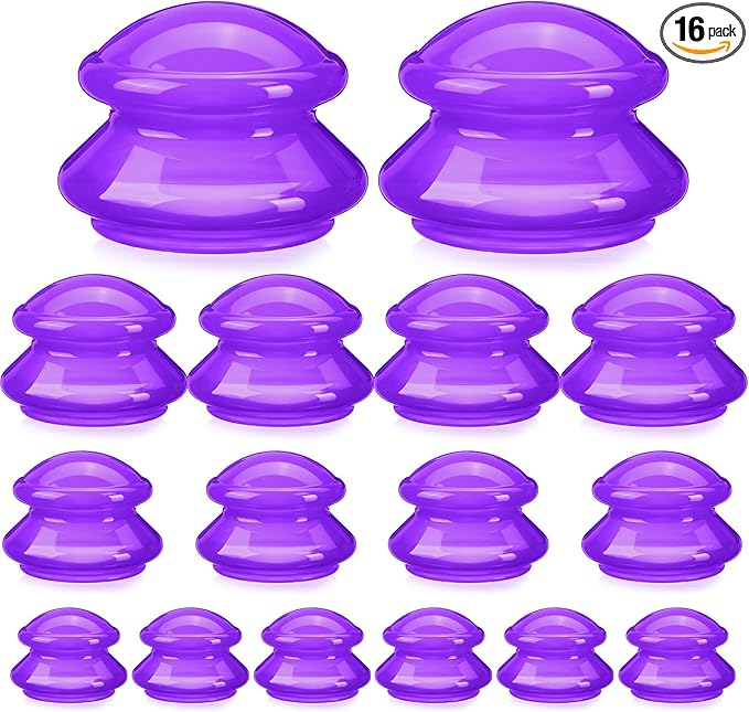 Geiserailie 16 Pcs 4 Sizes Cupping Therapy Set Silicone Cupping Massage Cups Professional Chinese Therapy Cup Vacuum for Body Muscle Nerve(Purple)
