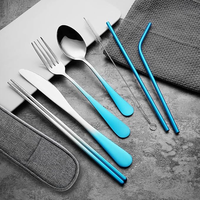 Travel Utensils Set with Case Reusable Portable Cutlery Set Stainless Steel 8pcs Including Dinner Knife Fork Spoon Chopsticks straws(Gradient Blue)