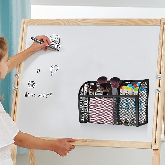 Magnetic Pencil Holder-Magnetic Basket for Fridge 3-Grid Mesh Magnetic Pen Holder for Refrigerator, Extra Strong Magnets Mesh Marker Holder Locker Accessories Organizer for Whiteboard