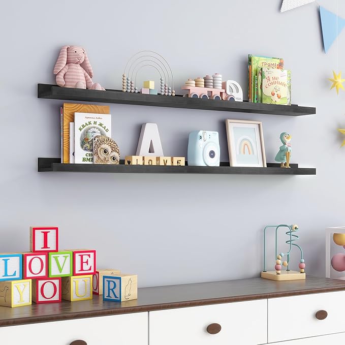 Picture Ledge Shelf for Wall, 48 inch Solid Pine Wood Nursery Book Shelves 2 Packs, Floating Ledge Shelves for Kids' Room Bedroom Bathroom Living Room Photo Frames Office Nursey Wall Decor, Black