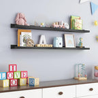 Picture Ledge Shelf for Wall, 48 inch Solid Pine Wood Nursery Book Shelves 2 Packs, Floating Ledge Shelves for Kids' Room Bedroom Bathroom Living Room Photo Frames Office Nursey Wall Decor, Black