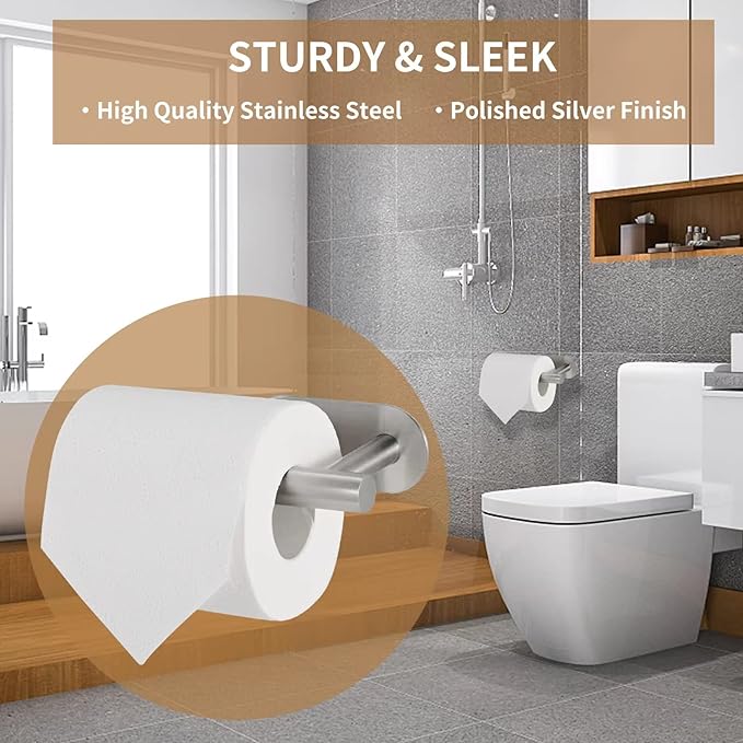 Toilet Paper Holder,Brushed Nickel,Wall Mount, Upgraded Adhesive Toilet Roll Holder,no Drilling,Bathroom/Rv/Washroom,SUS 304 Stainless Steel,Rustproof (Silver, 2 Pieces)