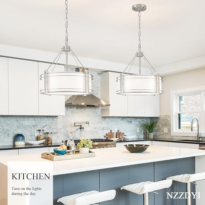 16.3''Drum Chandelier 3-Light Brushed Nickel Modern White Fabric Chandeliers Adjustable Drum Pendant Light for Dining Room Kitchen Island Hallway Living Bedroom