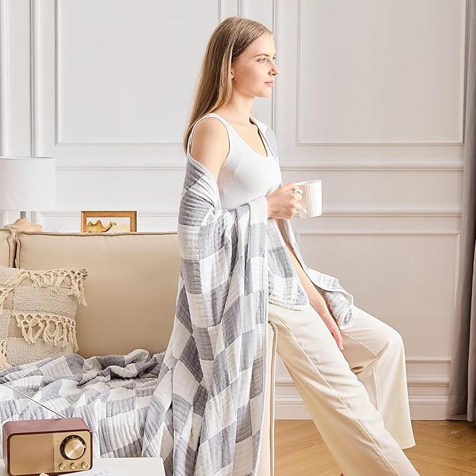 EMME Checkered Cotton Blanket Twin Large 60"x80" 100% Muslin for Couch Breathable Cooling Gauze All Season Soft and Lightweight Pre-Washed (Light Grey)