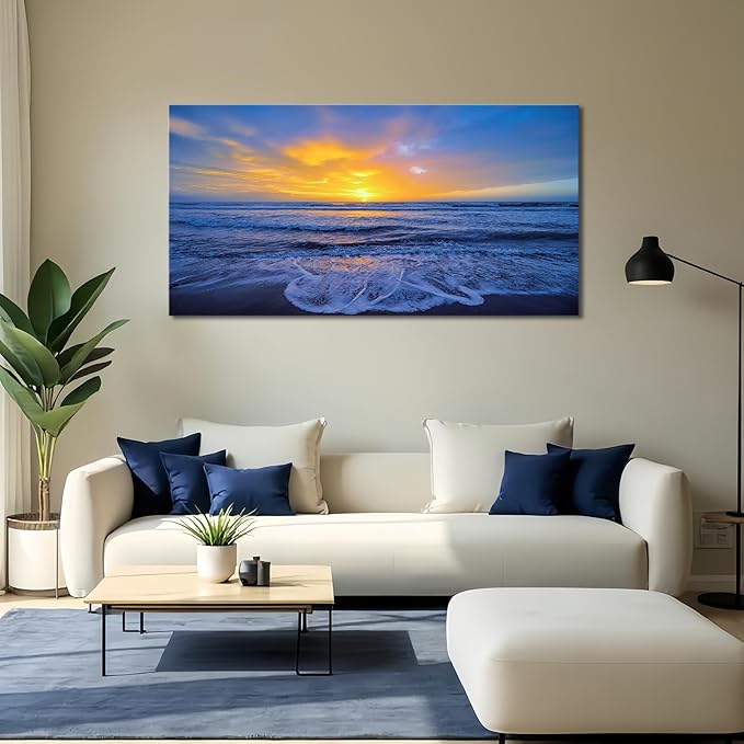 Wall Art Decor Large Sunset Canvas Print Picture Sunrise Ocean Beach Waves Scenery Modern Painting Artwork for Home Office Living Room Bedroom Decoration Framed Ready to Hang, 20x40Inch
