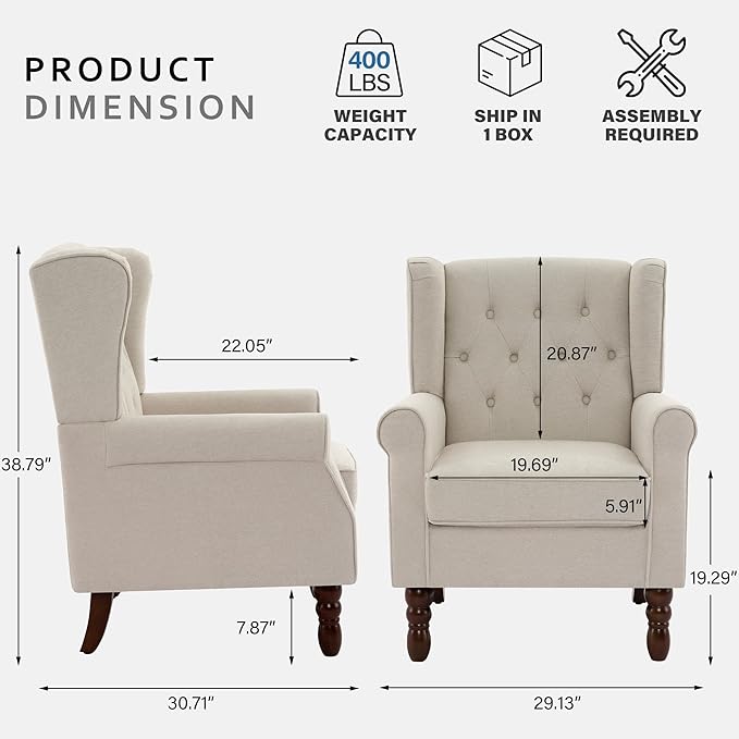 Lumibee High Back Accent Chair Set of 2,Upholstered Wingback Armchair with Solid Wood Legs for Small Spaces,Comfy Single Sofa Chair for Living Room,Bedroom,Office-Beige