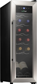 NutriChef PKCWC12 12 Bottle Cooler Refrigerator White and Red Countertop Chiller, Freestanding Compact Mini Wine Fridge with Digital Control, Stainless Steel