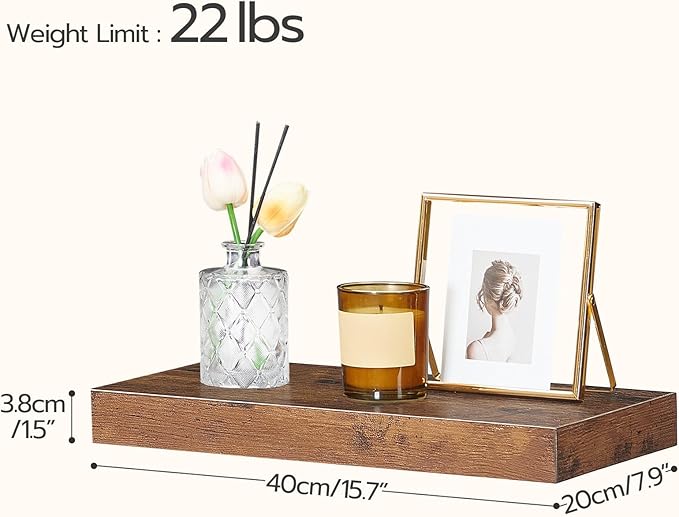 HOOBRO Floating Shelves for Wall, Wall Mounted Shelf Set of 2, 15.7" Hanging Shelf with Invisible Brackets, for Wall in Bathroom, Bedroom, Toilet, Kitchen, Living Room, Office, Rustic Brown BF40BJ01
