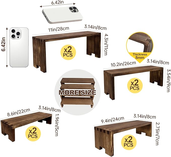 Large Display Wood Risers Wooden Stand 8 Tier Wood Racks Decorative Rectangular, 2 Set 8 Pieces Cupcake Stands Cologne Perfume Organizer Showcase Items(Brown)
