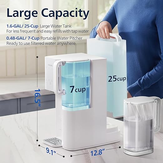 Reverse Osmosis Water Filter Countertop, Philips 6-Stage RO System Water Filtration Purifier with Aquaporin Inside and 2 Portable Pitchers, NSF/ANSI 372 Certified, Reduce TDS Lead