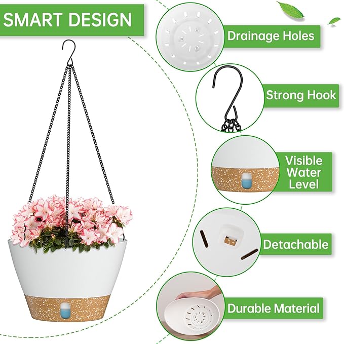 ZMTECH 8 Inch Hanging Planters for Indoor Plants, Hanging Baskets for Plants Outdoor with Visible Water Level, Hanging Flower Pots with Drainage Holes & Removable Tray(2 Pack, White)