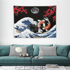 Houselerax Japanese Koi Fish Tapestry, Yin Yang Big Wave Red Cherry Blossom Tapestries Wall Hanging for Bedroom Living Room Office Decor 40"x30"