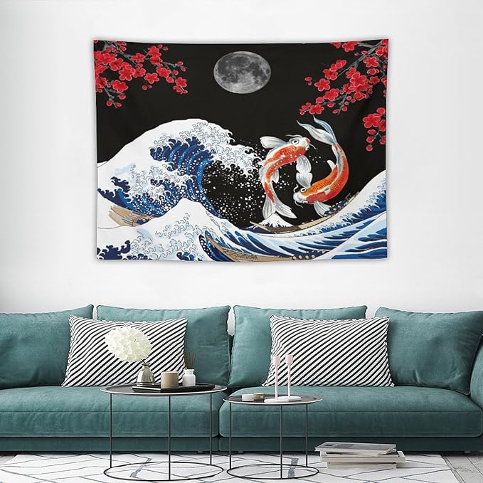 Houselerax Japanese Koi Fish Tapestry, Yin Yang Big Wave Red Cherry Blossom Tapestries Wall Hanging for Bedroom Living Room Office Decor 40"x30"