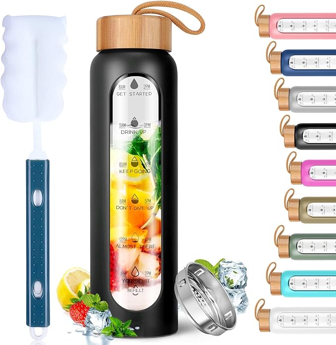 Aqulea Glass Water Bottles 32 Oz with Silicone Sleeve - BPA Free Reusable Wide Mouth Glass Motivational Water Bottles with Fruit Infuser – Leak Proof Borosilicate Water Bottle with Time Marker (Black)