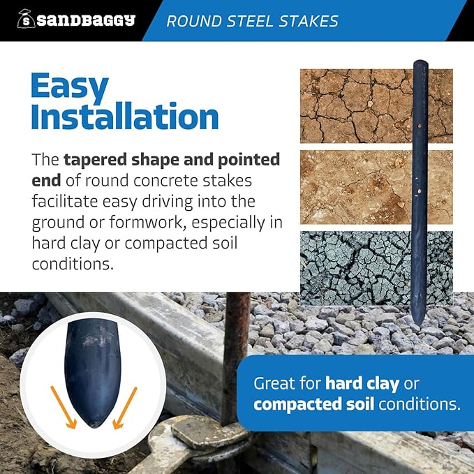 Sandbaggy Round Steel Concrete Form Stakes with Nail Holes - Rust Resistant Coating - Removable, Reusable (10, 3/4 in X 12 in)