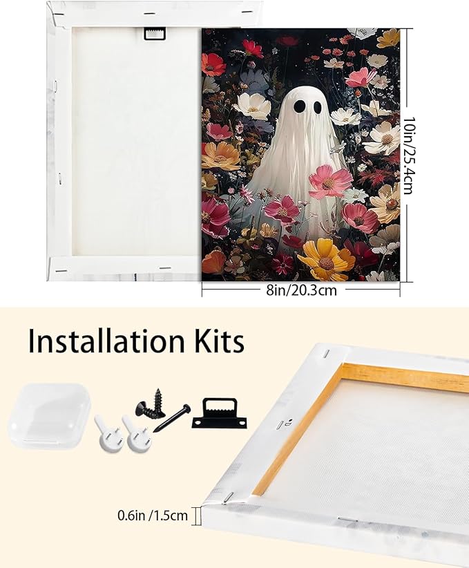 Halloween Canvas Wall Art,Vintage Cute Ghost & Wildflowers Framed Poster, Spooky Fall Decorations for Indoor, Gothic Dark Academia Wall Decor, Funny Halloween Decorations for Living Room Bedroom