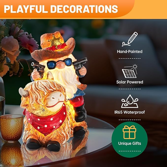 Solar Highland Cow Gnome Statue - Hand-Painted Resin Outdoor Decor for Garden & Yard, Unique Mothers Day Birthday Gifts for Grandma Women (Weatherproof)