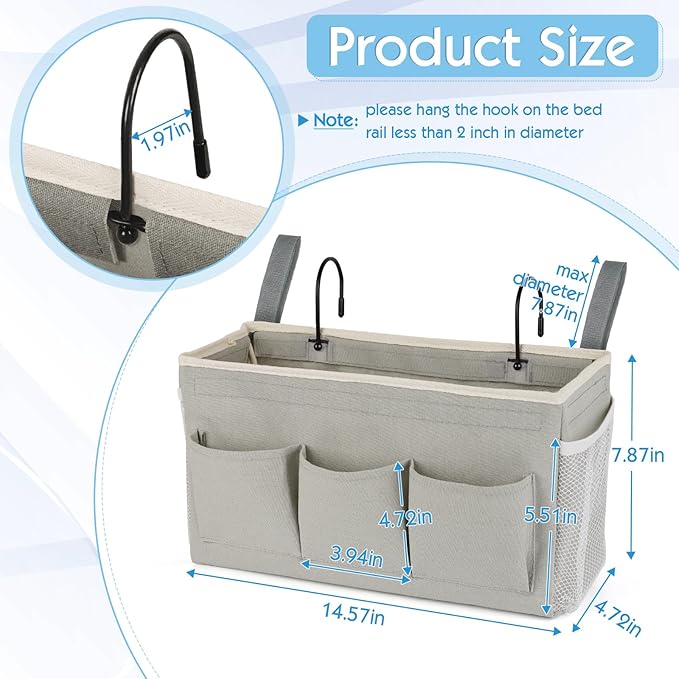 Bedside Storage Caddy/Bedside Hanging Storage Bag for Headboards Bunk Beds Dorm Rooms Book Phone Magazine Holder (New Grey)
