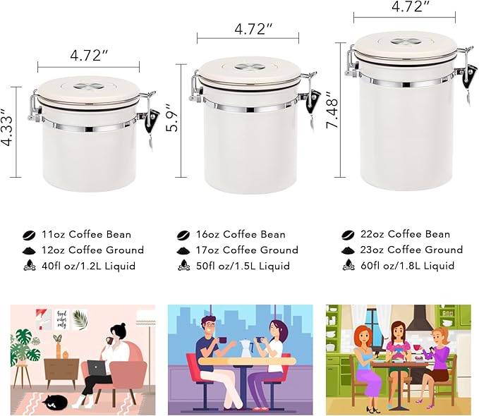 ShanSon Coffee Canister Airtight Coffee Container Stainless Steel Coffee Bean Storage Container with CO2 Release Valve and Scoop Coffee Canister for Beans,Grounds,Sugar,Flour,Tea,Cereal,16OZ,Off-White