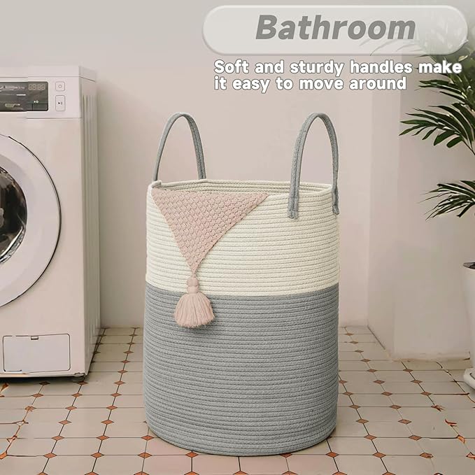 Large Woven Laundry Basket Hamper,80L Cotton Rope Storage Bin for Blankets,Toys and Clothes,Decorative Tall Nursery Hamper for Living Room,Baby Nursery,Bathroom and Bedroom,White and Grey