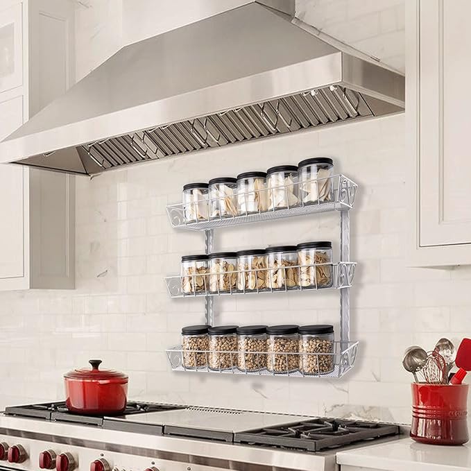 SWOMMOLY Adjustable Wall Mount Spice Rack, 3-Tier Dual-use (Multi-use) Organizer, Silver