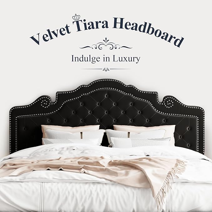 Allewie King Bed Frame with Adjustable Velvet Tiara Headboard, Upholstered Diamond Button Tufted Platform Bed, Wood Slats Support, No Box Spring Needed, Mattress Foundation, Easy Assembly, Black