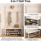 Coat Rack with Shoe Storage, Wooden Hall Tree with Bench, 11 Hooks and 2-Tier Storage Shelves, 3-in-1, Entryway Bench with Coat Rack (39.3"-Deep White)