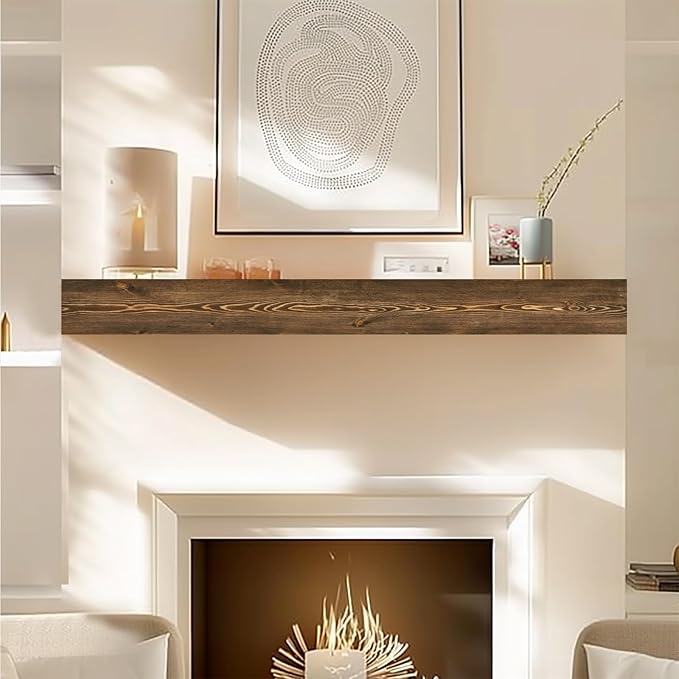 56x8x3 Fireplace Mantel - Handcrafted Hollow Rustic Solid Wood Wall Mounted Floating Shelf with Invisible Heavy Duty Wood Bracket (Weathered Brown)