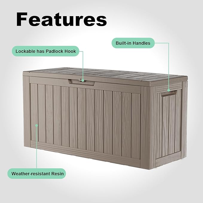 Vixzen 85 Gallon Resin Deck Box, Lockable Outdoor Storage Box for Patio Cushions Storage Furniture,Garden Tools, Pool Supplies, Weatherproof and UV Resistant-Grey