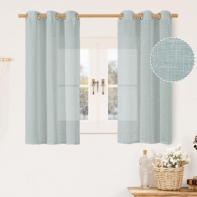 LAMIT Greyish Blue Linen Curtains for Windows 2 Panels Set, 48 Inch Linen Textured Light Filtering Drapes Bronze Grommet Boho Panels for Farmhouse/RV Camper/Loft, 34 x 48 Inch
