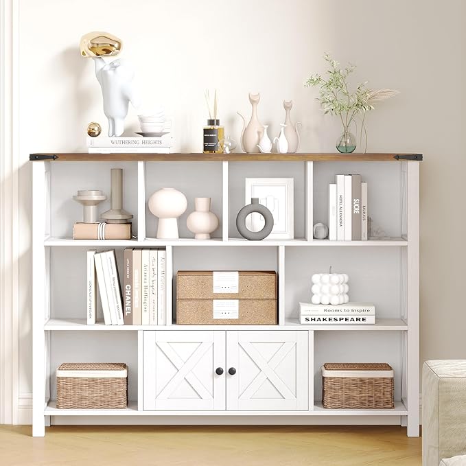 11 Cube Storage Organizer Bookshelf, Wooden Open Cube Shelf Bookcase, Farmhouse Display Book Shelf, 3 Tier Cube Bookshelves with Storage, Rustic White