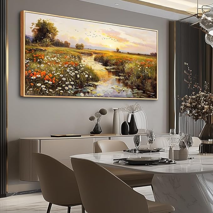 PHAOHUAXM Large Canvas Wall Art For Living Room Wall Decor For Bedroom Watercolour Painting Office Decoration Countryside Sunrise Scenery Wall Picture Home Decor Ready To Hang 30x60 In Wood Framed