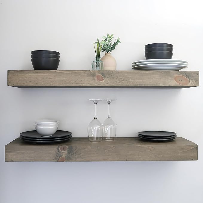 Modern Floating Shelves 3 Inches Thick for Wall, Wide Shelves for Kitchen, Living Room, Bedroom, and Bathroom, Natural Pine Wood, Rustic Wooden Shelf, (Set of 2) (Aged Barrel, 48Lx3Hx8D)