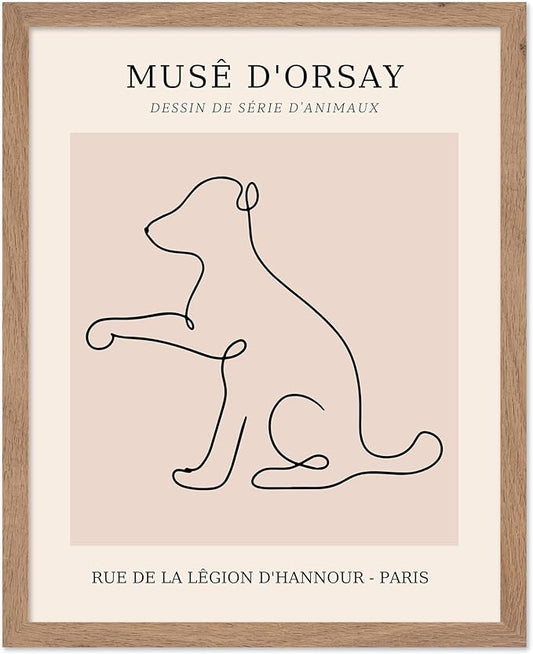 Poster Master Vintage Poster - Retro One Line Dog Drawing Print - Dog Art - Minimal Gift for Men, Women, Animal Lover - Abstract Wall Decor for Home, Office, Bedroom, 11x14 Beige Framed
