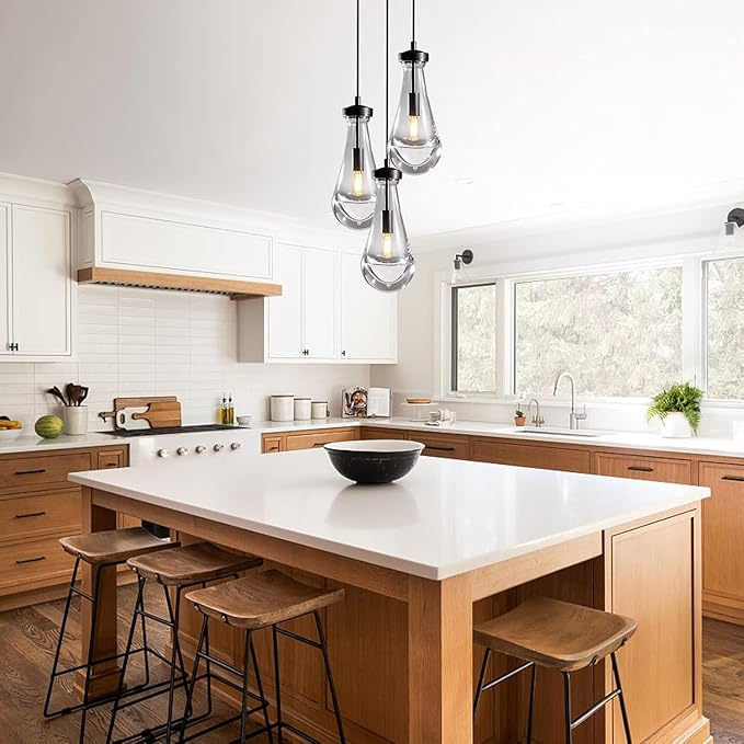 Bronze 3 Light Pendant Lighting, Raindrop Pendant Lights, Black Adjustable Hanging Rope Cluster Pendant Lighting Over Kitchen Island, Teardrop Glass Chandelier Dining Room Light Fixture