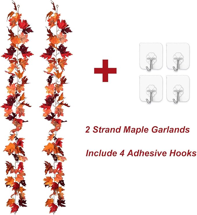 Lvydec 2 Pack Maple Leaves Fall Garland - 6ft/Strand Artificial Fall Foliage Garland Colorful Autumn Decoration for Home Wedding Party Thanksgiving