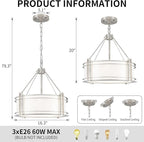 16.3''Drum Chandelier 3-Light Brushed Nickel Modern White Fabric Chandeliers Adjustable Drum Pendant Light for Dining Room Kitchen Island Hallway Living Bedroom