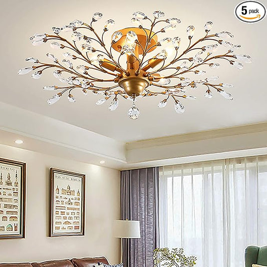 Ganeed Crystal Chandeliers,Vintage K9 Clear LED Ceiling Lighting,Edison Pendant Light Flush Mounted Fixture with 5 Light for Living Room Dinning Room Restaurant Porch Hallway (Gold)