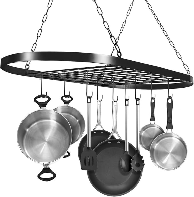 Sorbus® Pot and Pan Rack for Ceiling with Hooks — Decorative Oval Mounted Storage Rack — Multi-Purpose Organizer for Home, Restaurant, Kitchen Cookware, Utensils, Books, Household (Hanging Black)