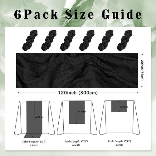 10FT 6 Pack Black Cheesecloth Table Runner 20 x 120 Inch Long Boho Fabric Rustic Cheese Cloth Table Runner for Wedding Bridal Shower Baby Shower Gauze Sheer Birthday Party Table Decorations