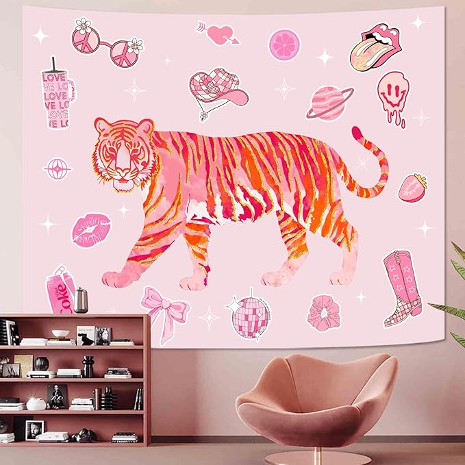 Lunerfex Y2K Tapestry Pink Tiger Wall Tapestry, Cute Tapestries for Bedroom Funny Tapestries Wall Hanging for Bedroom Living Room Decor Pink-3 44"x60"