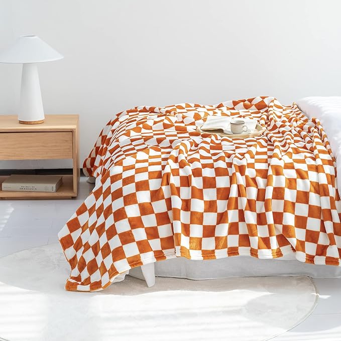 LOMAO Throw Blankets Flannel Blanket with Checkerboard Grid Pattern Soft Throw Blanket for Couch, Bed, Sofa Luxurious Warm and Cozy for All Seasons (Orange, 90"x90")