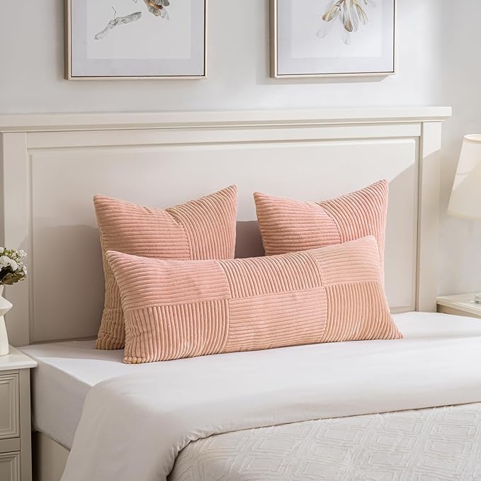 Fancy Homi Set of 2 Peach Boho Long Lumbar Body Decorative Throw Pillow Cover 14x36 Inch for Bed Couch Bedroom Bench, Soft Patchwork Corduroy Textured Pillow Case, Rustic Farmhouse Room Décor
